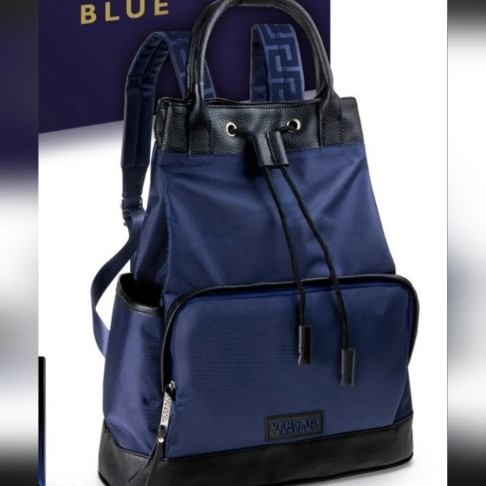 Versace Navy and Black Drawstring Backpack with Front Zip Pocket